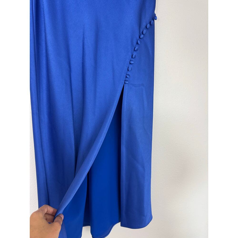 Alice + Olivia Cobalt Blue Satin Midi Skirt Size 2 Designer Wrap Slit - Picture 3 of 6